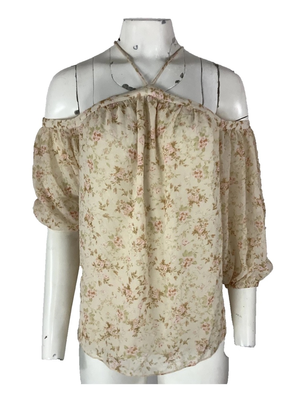 1.STATE Sz S Floral Off Shoulder Halter Chiffon Sheer Boho Festival Cream Top